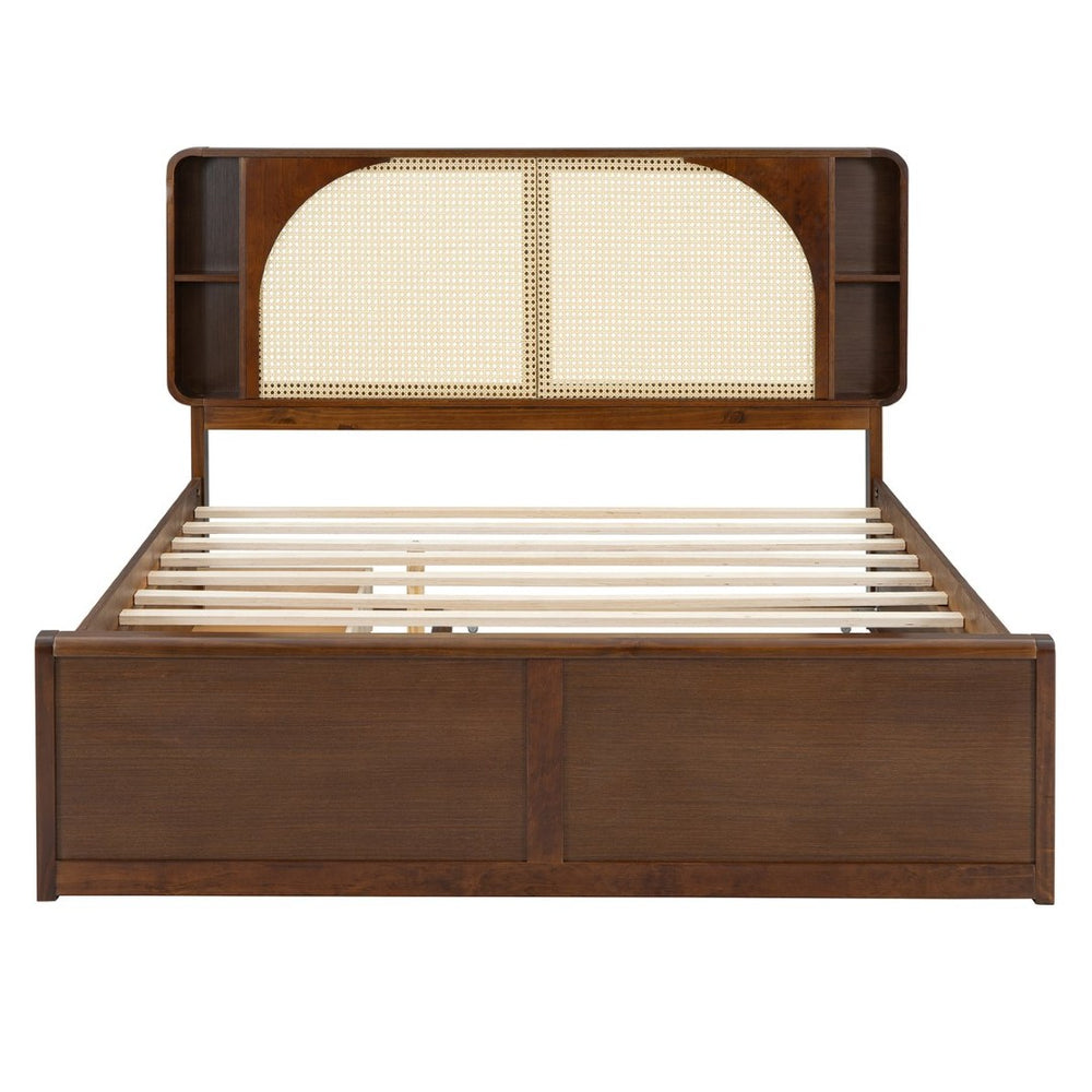 English Elm Queen Size Rattan Headboard Bed With Trundle, Drawers & Elegant Walnut Finish For Versatile Style N820S00013D-GIGA