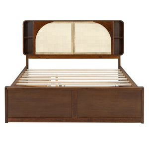 English Elm Queen Size Rattan Headboard Bed With Trundle, Drawers & Elegant Walnut Finish For Versatile Style N820S00013D-GIGA