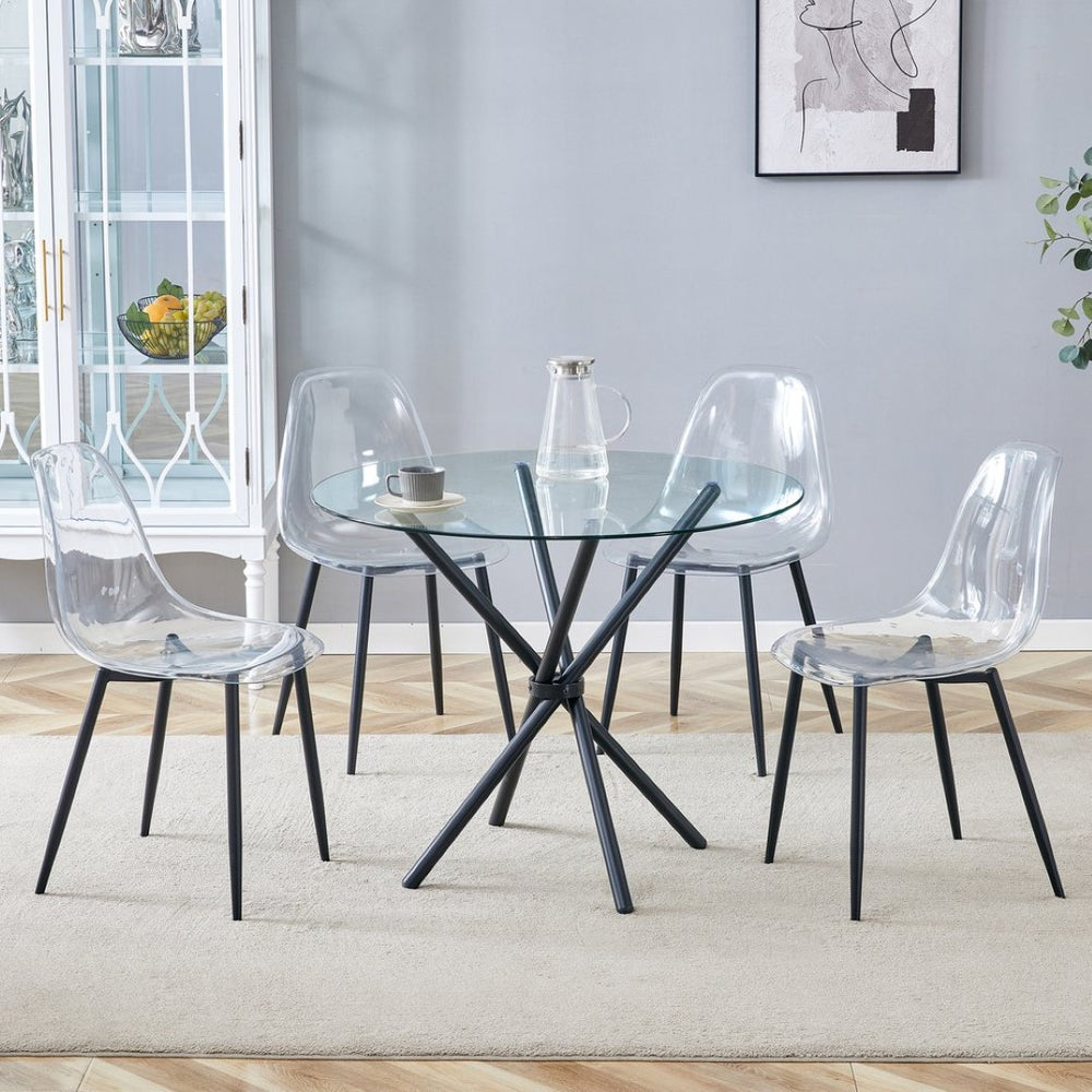 English Elm Table Set: Modern Round Tempered Glass Dining Table With 4 Transparent Chairs & Black Metal Legs W1151S03677-GIGA