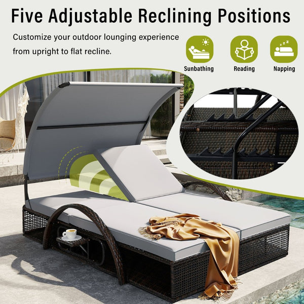 English Elm U_style Outdoor Double Sun Lounger Hdpe Wicker Steel Frame with Canopy Pop up Tables Gray WY000485AAE