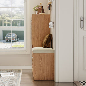 English Elm Multi Functional Shoe Storage Cabinet with Bench and Cushion, 7+3 Adjustable Panels, Ventilated Design for Entryway Oak 51.97 L x 17.32 W x 10.24 H W2948P242706