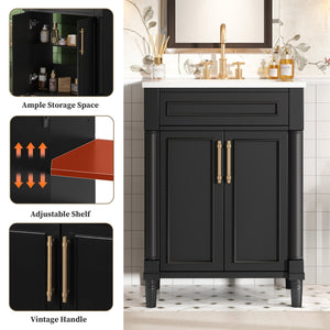 English Elm 24" Bathroom Vanity with Integrated Ceramic Sink and Adjustable Shelf, Vintage Hardware, Space-Saving Design Black N710P277711B
