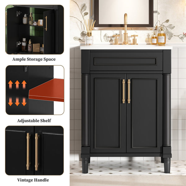 English Elm 24" Bathroom Vanity with Integrated Ceramic Sink and Adjustable Shelf, Vintage Hardware, Space-Saving Design Black N710P277711B