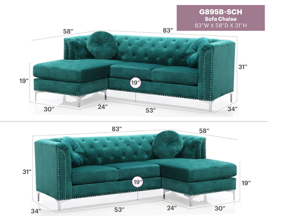 English Elm Pompano Velvet Green Sofa Chaise with Chrome Legs, Button Tufting & Pocketed Coil Cushions, Mid-Century Modern Comfort B078S00514