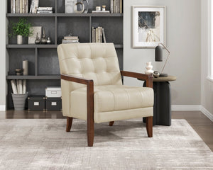 English Elm Modern Tufted Leather Accent Chair with Walnut Wood Frame, Upholstered Seat, Compact Stylish Design Beige 28 L x 21 W x 25.75 H B011P271921