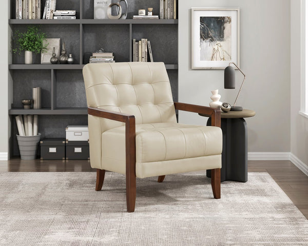English Elm Modern Tufted Leather Accent Chair with Walnut Wood Frame, Upholstered Seat, Compact Stylish Design Beige 28 L x 21 W x 25.75 H B011P271921