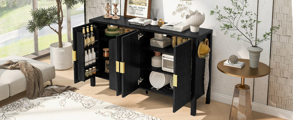 English Elm U_style Striped Four Door Sideboard Mdf Buffet Cabinet with Adjustable Shelves for Dining Black N711P345170B