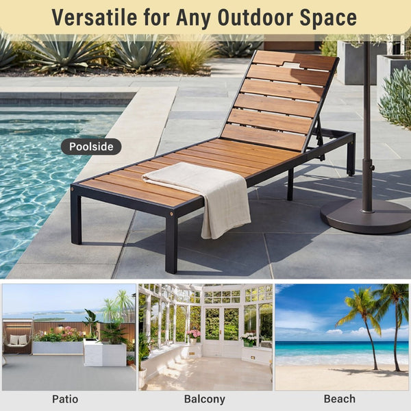 English Elm Outdoor Acacia Wood Slat Chaise Lounge with Powder Coated Frame for Patio Resort Black+Natural N719P383161B