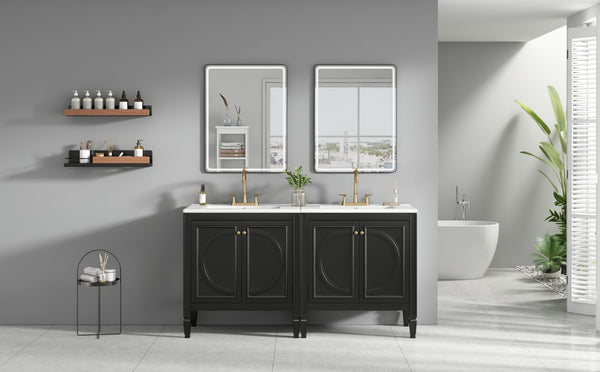 English Elm [video] 60 Inch Freestanding Double Sink Bathroom Vanity with Ceramic Basins Soft Close Storage Black N759S226000B