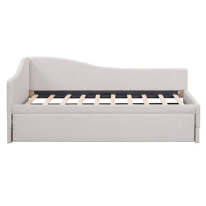 English Elm Twin L-shaped Linen Upholstered Daybed with Hydraulic Pop-up Trundle for Guest Rooms Beige SF000193AAA-1