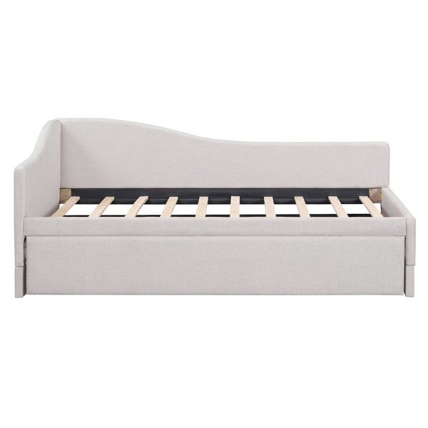 English Elm Twin L-shaped Linen Upholstered Daybed with Hydraulic Pop-up Trundle for Guest Rooms Beige SF000193AAA-1