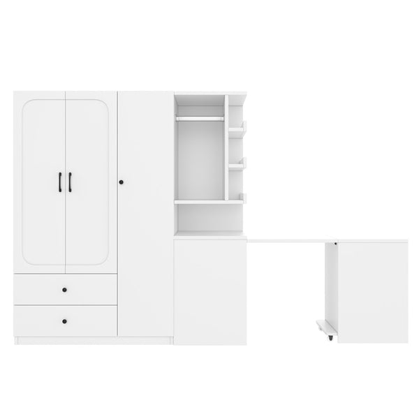 English Elm Multifunctional Wardrobe Cabinet with Fold Out Desk Hanging Rod and Storage Drawers Light White W1580S00475