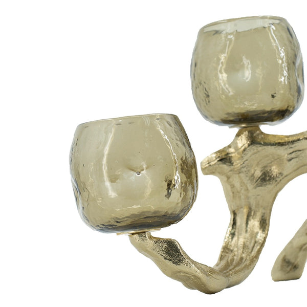 English Elm 15.7x9.1x7.9" Gold Aluminum Branch Votive Holder with Three Glass Cups for Glam Decor W2078P490404