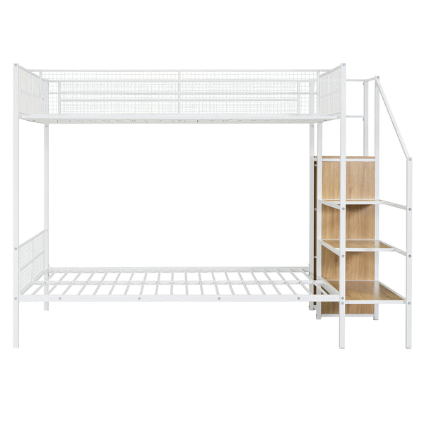 English Elm Twin Over Full Metal Bunk Bed with Trundle, Step Ladder Storage, Wardrobe & Wire Shelving, Durable Frame White SF000172AAK