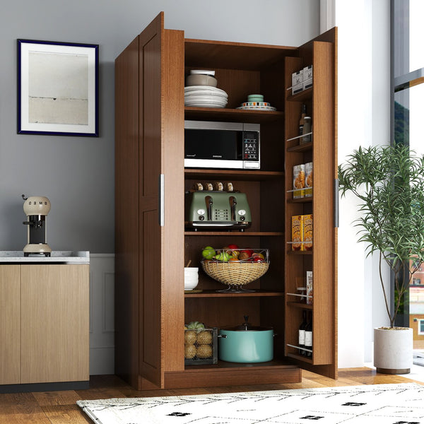 English Elm 62.99In Kitchen Pantry Cabinet - Stylish Walnut Storage Sideboard With Doors & Adjustable Shelves W331S00188