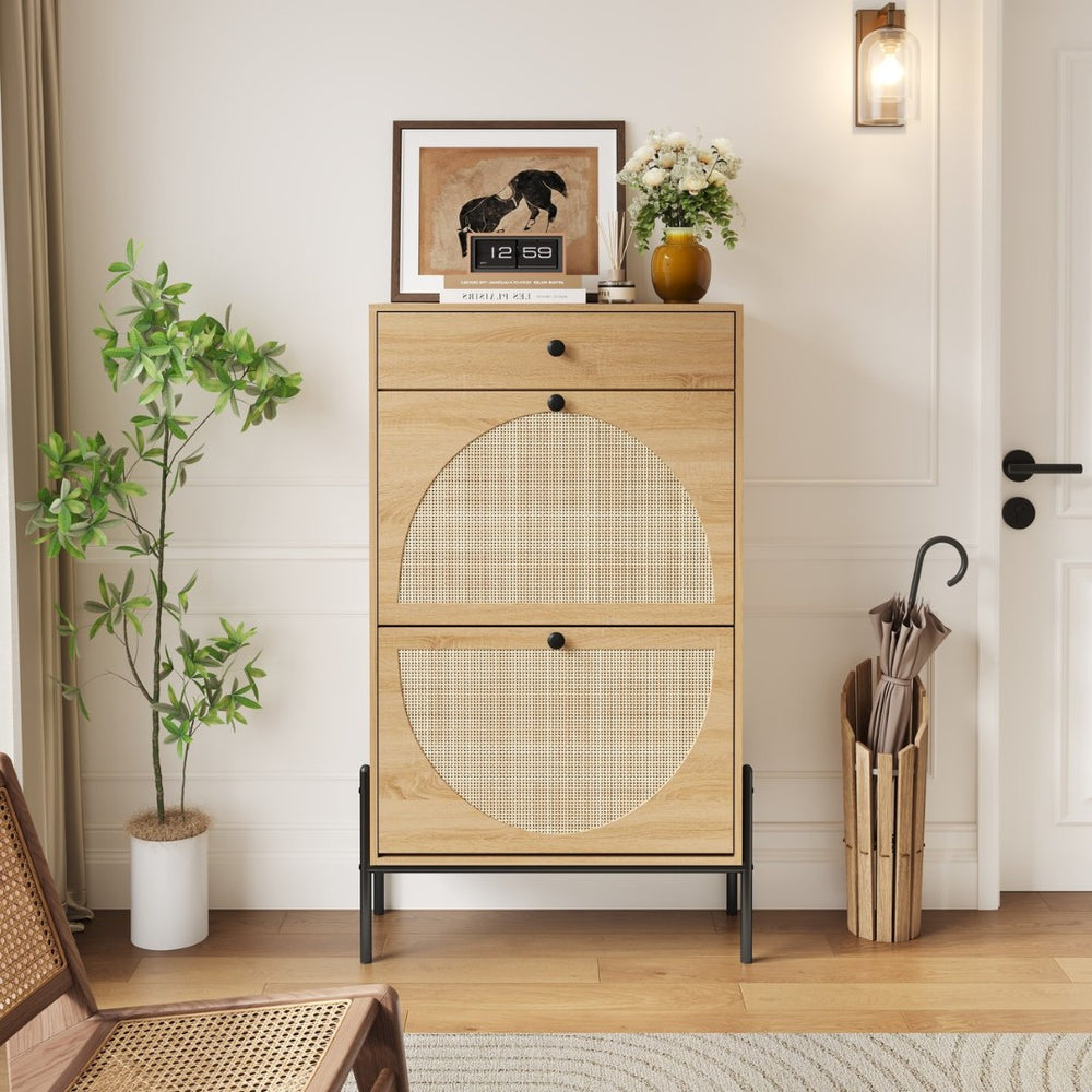 English Elm 2-door Rattan Front Shoe Cabinet Slim Wood Entryway Organizer with Drawer Open Shelf W5221P417193