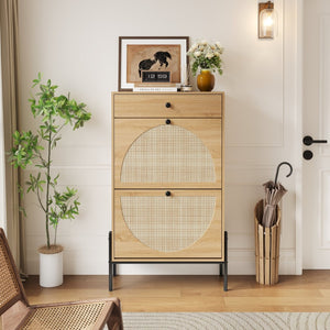 English Elm 2-door Rattan Front Shoe Cabinet Slim Wood Entryway Organizer with Drawer Open Shelf W5221P417193
