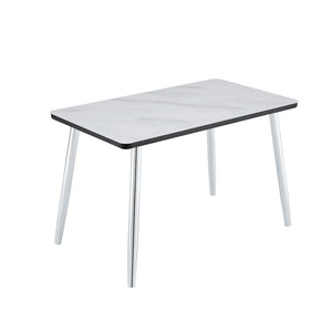 English Elm Modern Marble Look Glass Top Dining Table Slim Silver Legs Seats Six Minimalist W1151S04620