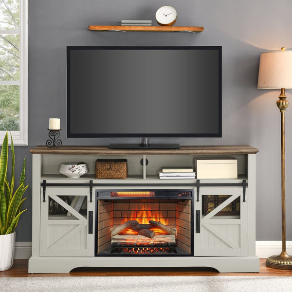 English Elm 60 Inch Farmhouse Electric Fireplace Tv Stand with Led Flame and Cabinet Storage W1769S00004
