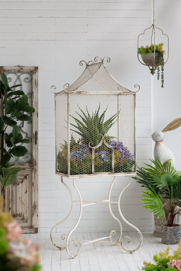 English Elm 27.6x15x66.9" Vintage Iron Greenhouse Scrollwork Frame Shabby Chic Plant Display Stand W2078P496463