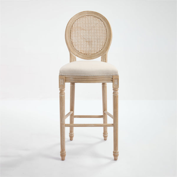 English Elm French Country Bar Chairs Set Of 2 - Upholstered Rattan Back, Vintage Elegance For Dining & Living Spaces W3426P324575