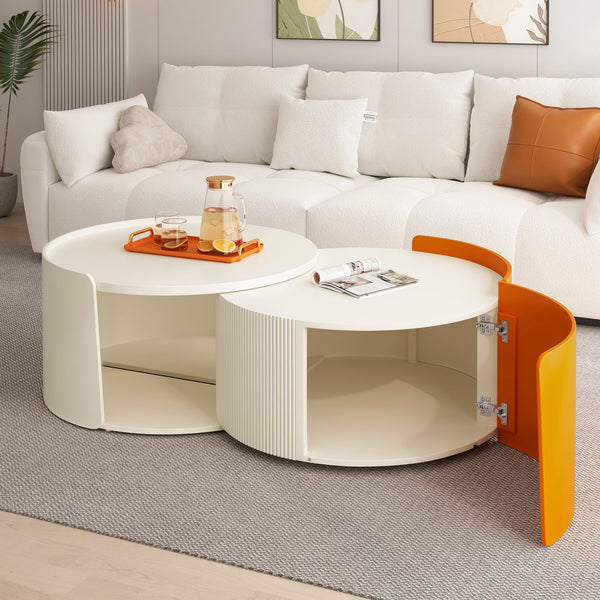 English Elm Nesting Modern Round Coffee Table Set with Sliding Extendable Top, Space-Saving MDF Design, 66lb Capacity Antique White W757P186974