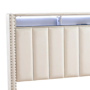 English Elm Contemporary Full Bedroom Set Channel Tufted Upholstered Bed with Led and Nightstands Beige B2741S00776