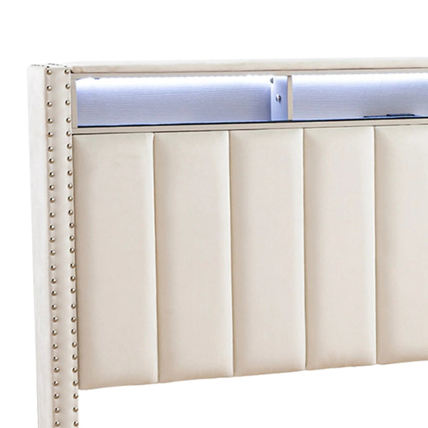 English Elm Contemporary Full Bedroom Set Channel Tufted Upholstered Bed with Led and Nightstands Beige B2741S00776