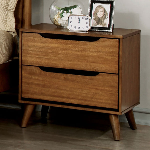 English Elm Mid-Century Nightstand with Solid Wood Construction, Tapered Round Legs, Recessed Pulls, 2-Drawer Stylish Bedside Table Oak 28 L x 21 W x 21 H B011P236773