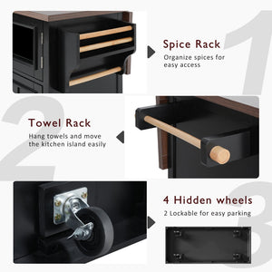 English Elm K&k Farmhouse Rolling Kitchen Island with Barn Doors Power Outlet and Drop Leaf Black N707S300277B