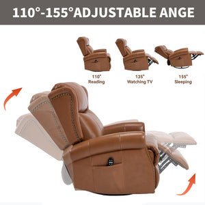 English Elm Heat Massage Swivel Rocker Recliner in Genuine Leather for Living Room Comfort W3224S00015