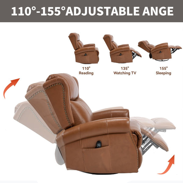 English Elm Heat Massage Swivel Rocker Recliner in Genuine Leather for Living Room Comfort W3224S00015