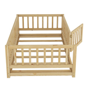 English Elm Twin Oak Montessori Floor Bed with Fence & Door, Twin Slatted Pine Frame, Low Profile for Kids (Natural) W1820P349300