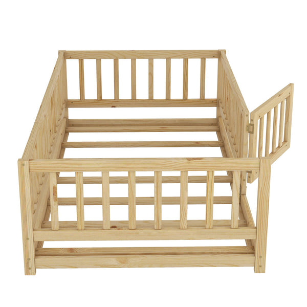 English Elm Twin Oak Montessori Floor Bed with Fence & Door, Twin Slatted Pine Frame, Low Profile for Kids (Natural) W1820P349300