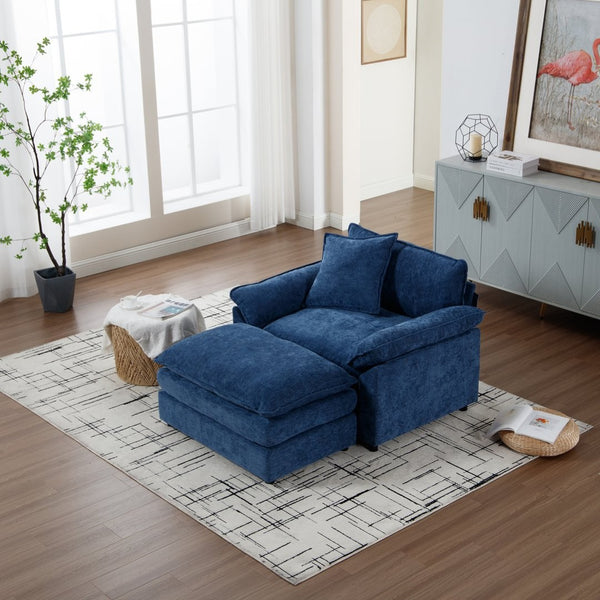 English Elm 44.5" Oversized Club Chair with Ottoman Chenille Upholstered Solid Wood Reading Seat Blue W3244S00006