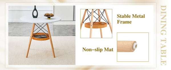 English Elm 31.5-inch Round Dining Table Solid Legs Woven Basket Storage Compact Modern Minimalist White,Wood W1151P431133
