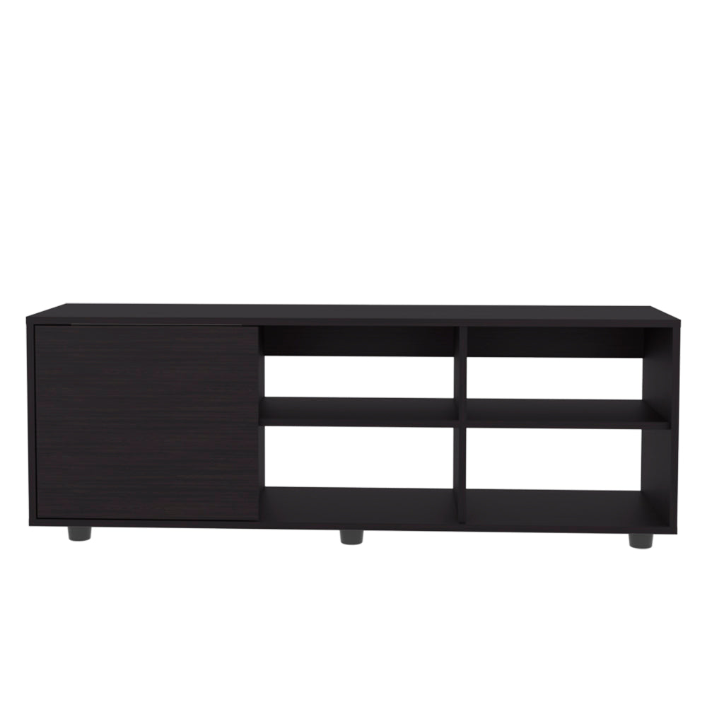 English Elm Roseland Modern TV Stand in Black — Engineered Wood, Sliding Door, 4 Open Shelves, Durable Design B092P269939