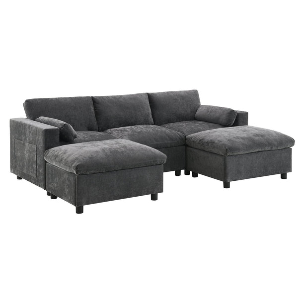 English Elm 86.5'' Chenille Modular Sectional Sofa with Storage Pockets, 5-Seat U-Shaped Cloud Sofa with Ottomans & Pillows DARK GREY N723S8723E