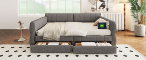 English Elm Queen Lambswool Platform Bed with Usb Charging Armrests and Under Storage Drawers Gray N7500000601E
