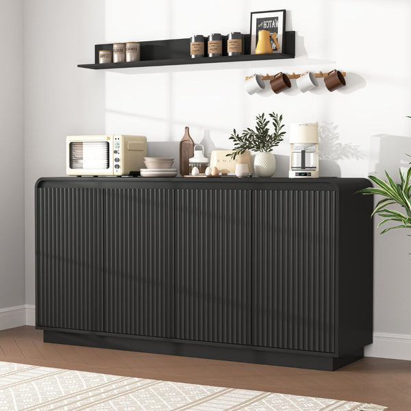English Elm Black Fluted Wave Door Media Console with Built-in Power Outlet and Adjustable Shelving Black W409P452057
