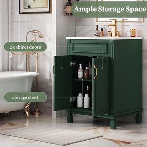 English Elm 24'' Bathroom Vanity with Sink - Solid Wood Frame, Glossy Ceramic Basin, Soft-Close Doors & Ample Storage Elegant Modern Design, Durable MDF Construction, Retro Metal Handles, Compact 24-inch Cabinet Green N710P317675F
