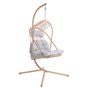 English Elm Hanging Egg Chair with Freestanding Steel Stand Rattan Cocoon Seat for Patio Balcony Yellow+Grey T5880P494886