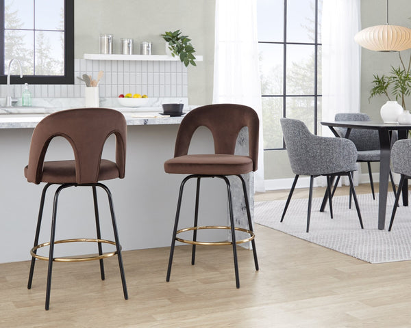 English Elm Fixed-height Swivel Counterstools with White Upholstery Gold Footrest Set of 2 Espresso B202S01791
