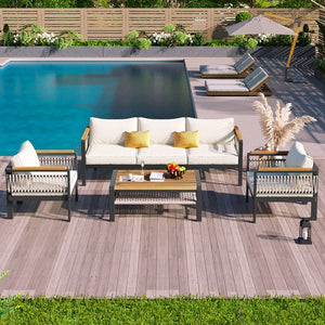 English Elm 4 Pieces Outdoor Sectional Sofa Set with Water-Resistant Cushions, Woven Rope Detail & Acacia Table Beige N719Z000130A