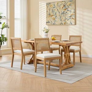 English Elm Farmhouse Rattan Dining Chairs Set of 2 — Mid-Century Cane Back, Solid Wood Frame, Linen Upholstery, Supportive Comfort Beige W1143P332689