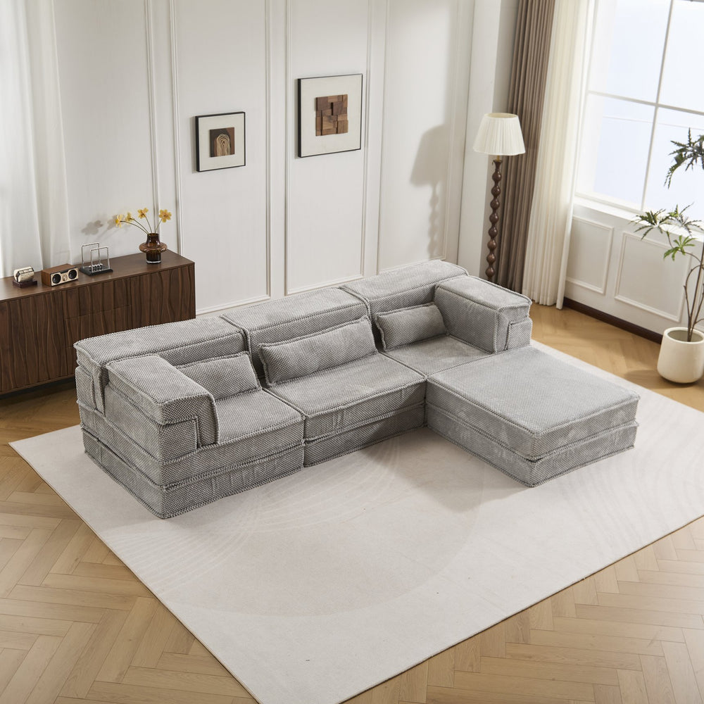 English Elm Compression Modular Sofa Bed, Versatile Light Grey Fleece Couch, No Assembly, 3-Seater & Ottoman W3723S00024