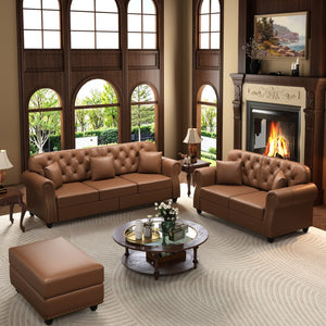 English Elm Upholstered Faux Leather Chesterfield Sofa with Button Tufting Nailhead Trim and Pillows Brown W1885S00437