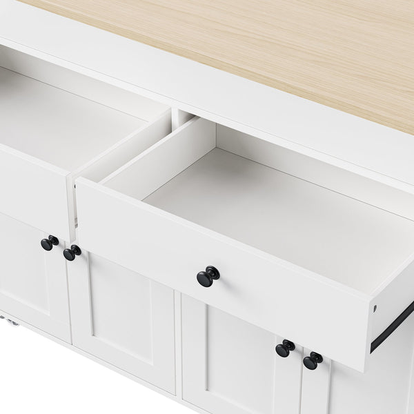 English Elm K&K 74.5" Kitchen Island with 27" Extendable Dining Table, 4-Door Storage, 2 Drawers, Rolling Cart Off White N707S000009W