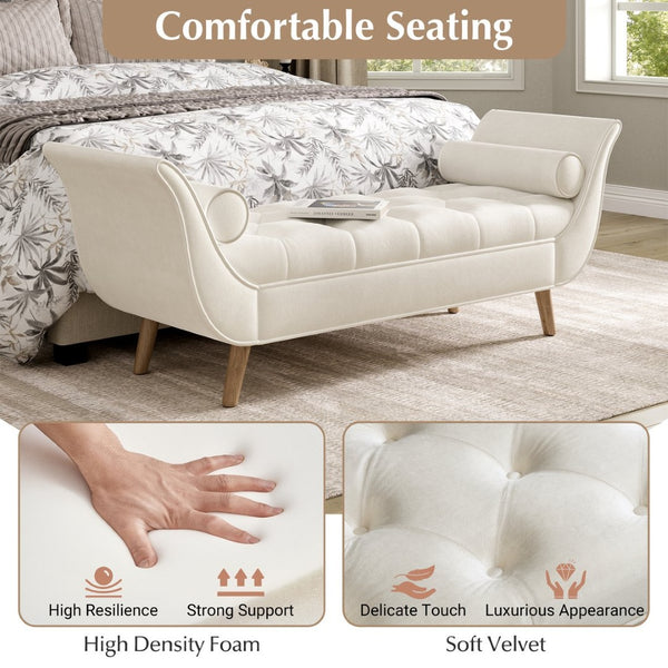 English Elm Upholstered Velvet Tufted Bench with Bolster Pillows Solid Oak Legs Bedroom Entryway N761P304407W