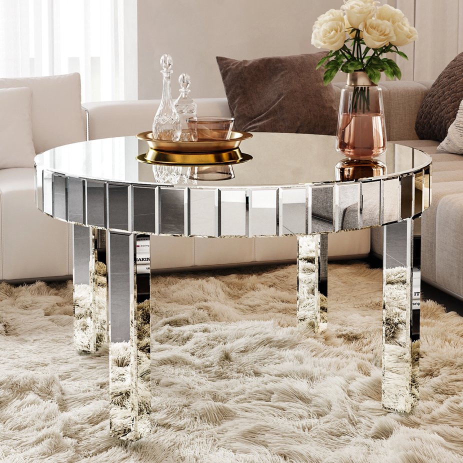 English Elm Dazzling Mirror Round Coffee Table with Fluted Diamond Tiles, 31.5" Luxe Accent Table for Living Room Comfort and Style W1445P299047